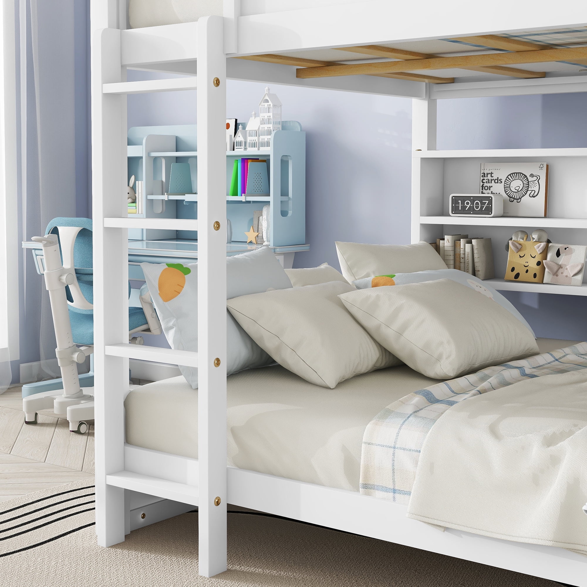 Leumius Queen over Queen Size Bunk Bed Frame with Built-in Storage Cabinets,Charging Station,Ladder,Safety Guardrails,Solid Pine Wood Bunk Bed for Boys Girls White