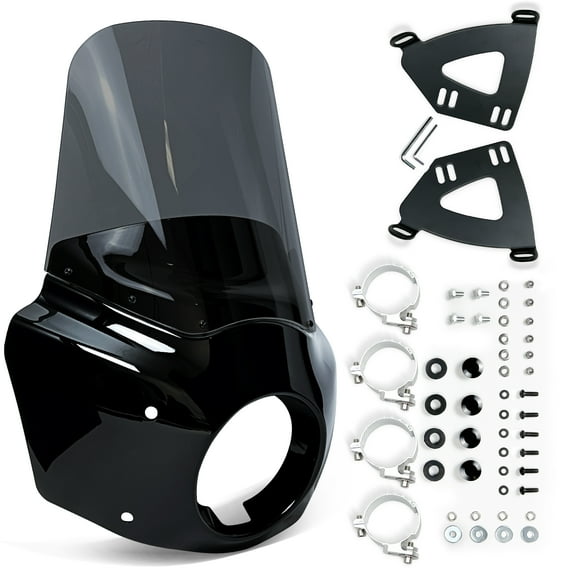 Krator Motorcycle Windshield & Fairing Complete Kit, Road Warrior Windshield, Compatible with Harley Davidson Dyna and Softail, Motorcycle Accessories, Glossy Black and Smoke Windscreen, 15" Height