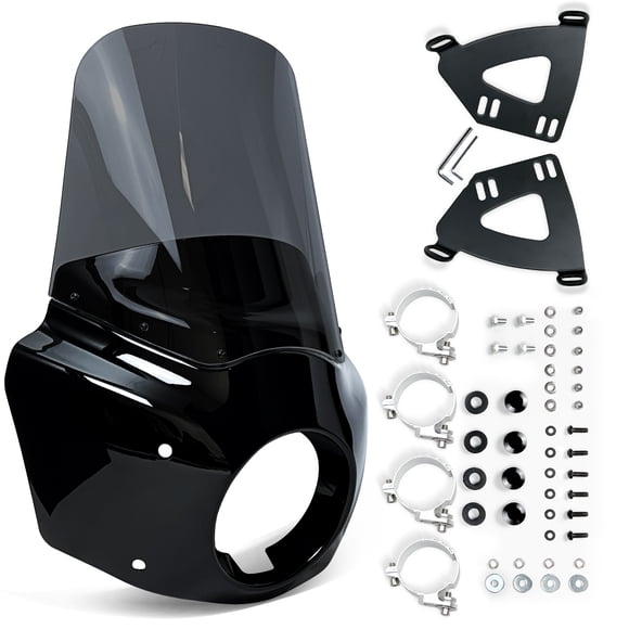 Krator Motorcycle Windshield & Fairing Complete Kit, Road Warrior Windshield, Compatible with Harley Davidson Dyna and Softail, Motorcycle Accessories, Glossy Black and Smoke Windscreen, 15" Height