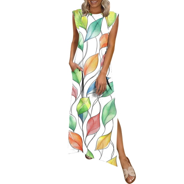 TaTaai Ladies Solid Color Round Neck Sleeveless Knee Length Casual Dress Fashion Pleated Detail with Pockets Soft Breathable Fabric Dress for Spring Summer Daily Casual Occasions Gift