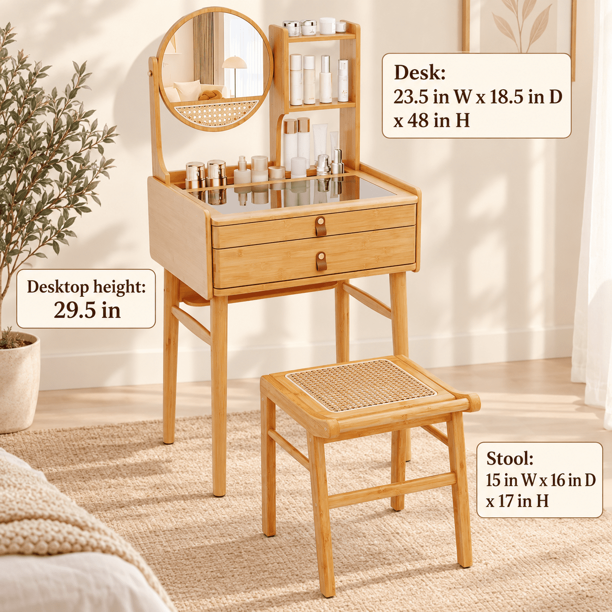 Furnibear Small Vanity Desk and Stool Set with Rotating Mirror and 2 Drawers, Bamboo Makeup Dressing Table with 3 Shelves for Small Bedroom, Natural