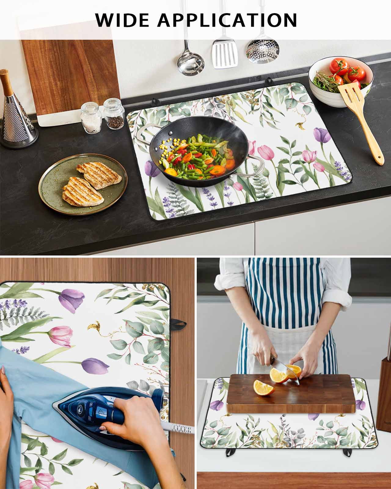 Large Induction Cooktop Protector Mat Pink Tulips Stove Top Covers for Electric Stove, Spring Floral Green Eucalyptus Leaves Decorative Stove Burner Cover Mats, Glass Top Stove Cover