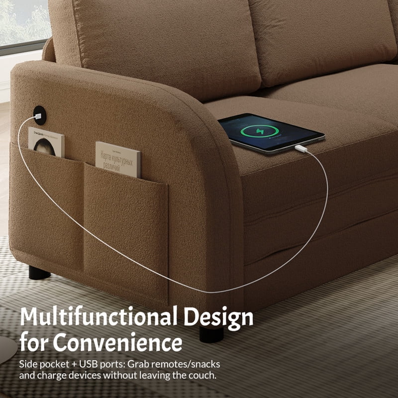 L-Shaped Sectional Sofa with Pull Out Bed, 115.2'' Convertible Sleeper Sofa with Reversible Chaise, USB Charging Ports & Side Pockets, Oversized 6-Seat Sofa Couch for Living Room