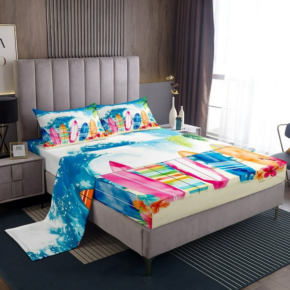 Erosebridal Sea Surfing Sheet Set Twin,Ocean Beach Bedding Sets Twin Size,Super Cozy Bed Sheets Twin,Floral Decoration,3pcs