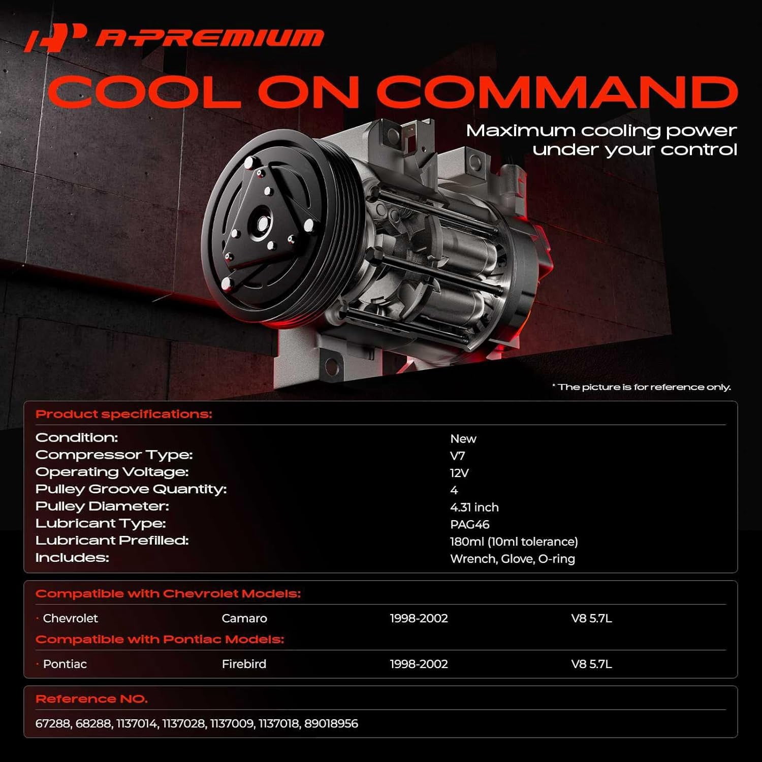 A-Premium AC Compressor with Clutch Compatible with Chevrolet Camaro Pontiac Firebird 1998-2002 V8 5.7L