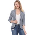 thumbnail image 2 of Blazer De Solapa Con Muescas Y Mangas 3/4 A Rayas Para Mujer Azul L, 2 of 6