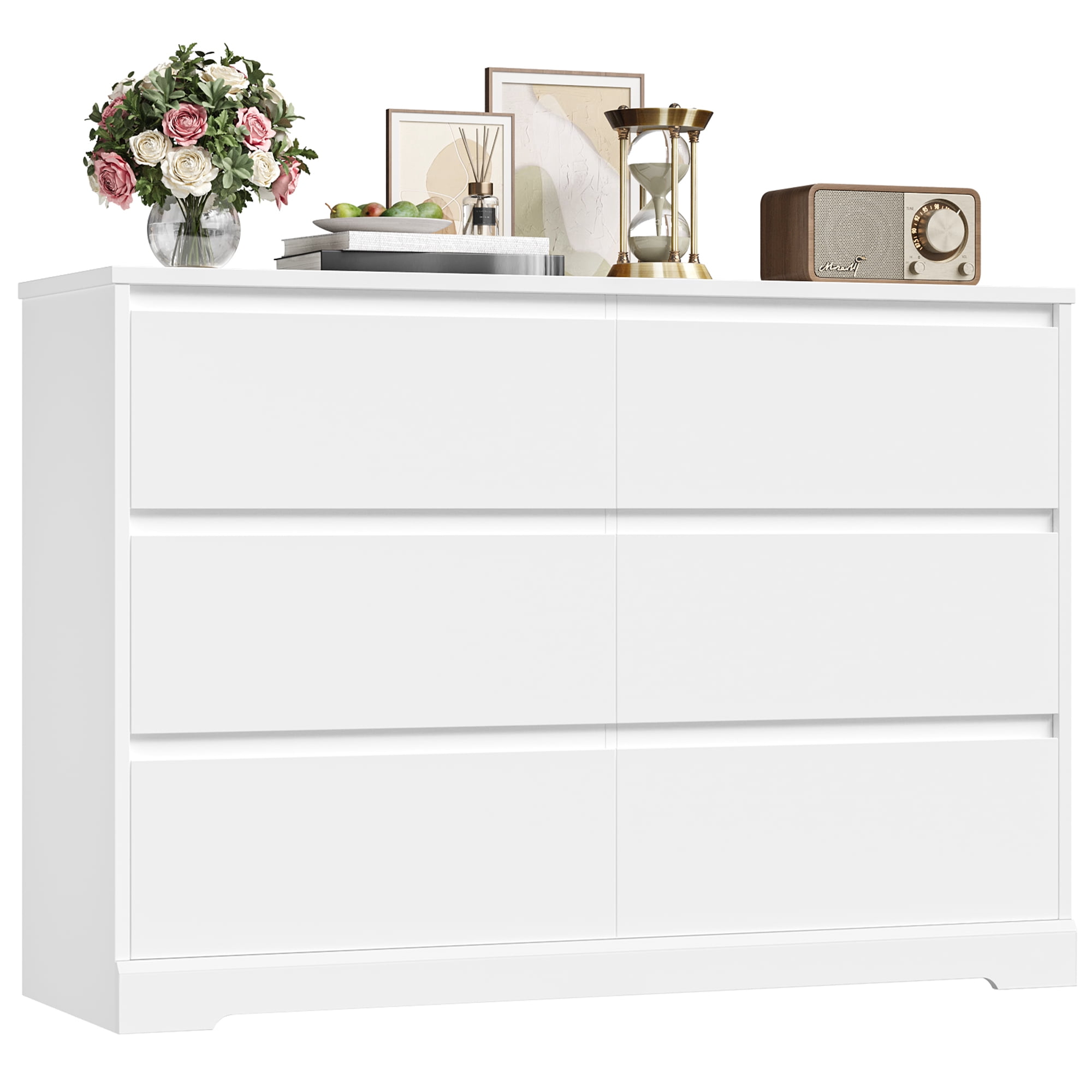 Homfa 6 Drawer Double Dresser, 47.2'' Wood Storage Side Cabinet Chest of Drawer for Bedroom Living Room, White