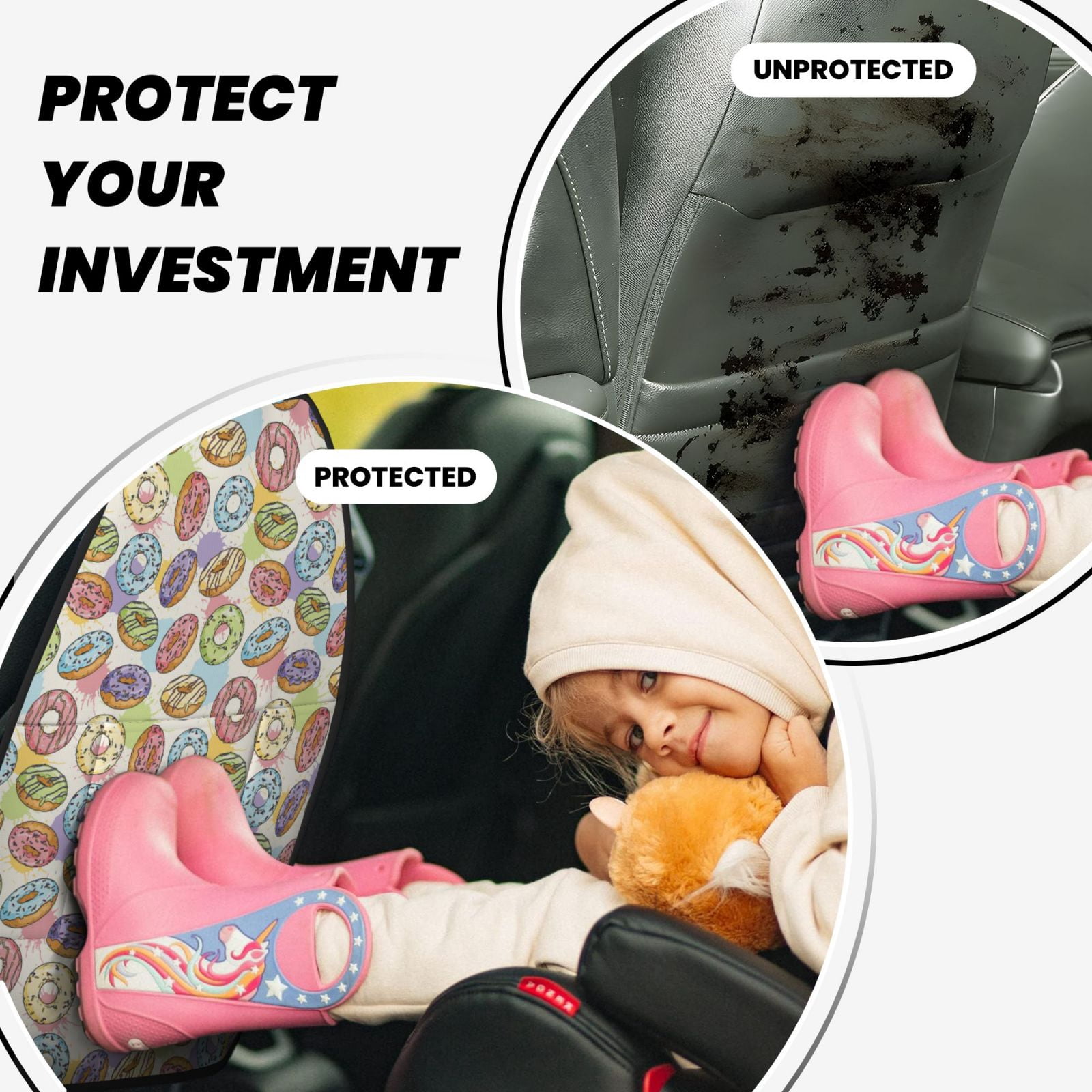 Kdxio Glazed Donuts Print 2 Pack Car Kick Mat Seat Cover Back Protector Mat with Pockets for Organizer Backseat Protector and Storage Anti Kick Pad for Vehicles