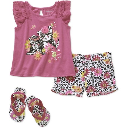 Baby Toddler Girl Ruffled T-Shirt, Shorts and Flip Flops 3-Piece Outfit ...
