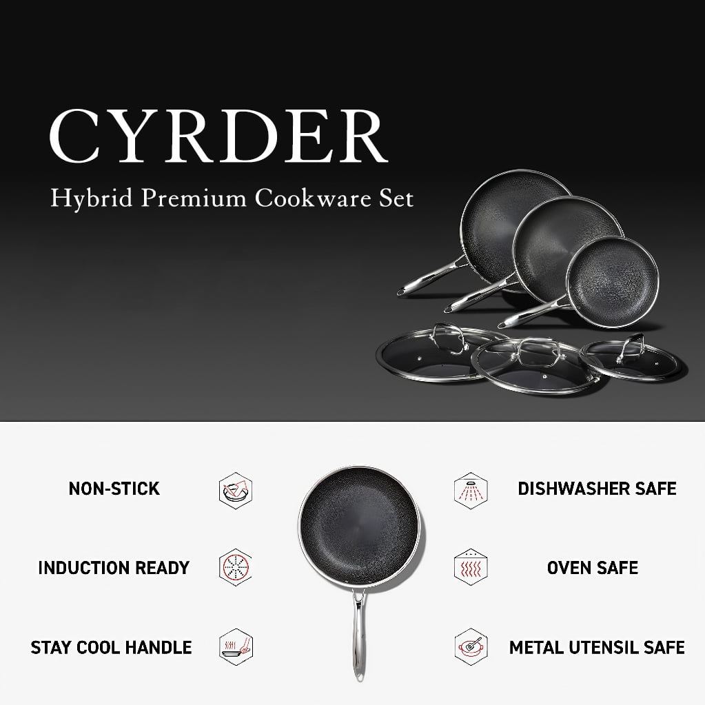 Hybrid Nonstick 6-Piece Fry Pan Set, 8, 10 and 12-Inch Frying Pans with Tempered Glass Lids, Stay-Cool Handles
