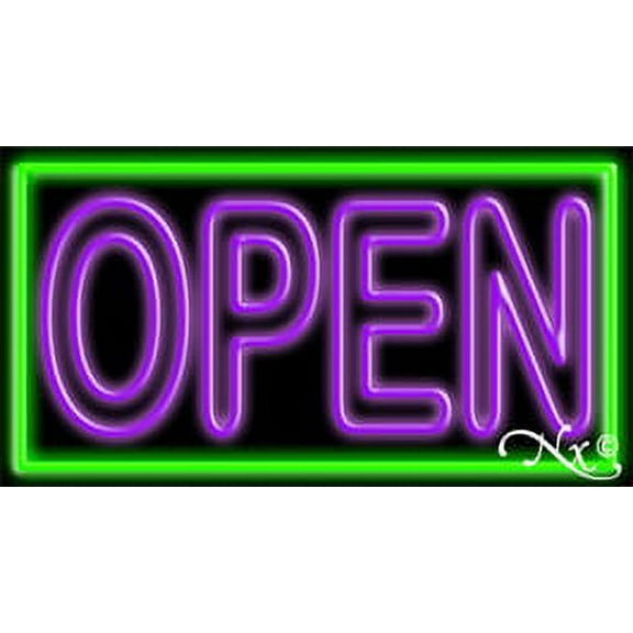 Double Stroke Purple Open With Green Border LED Neon Sign 20 x 37 - inches, Clear Edge Cut Acrylic Backing, with Dimmer - Bright and Premium built indoor LED Neon Sign for storefront.