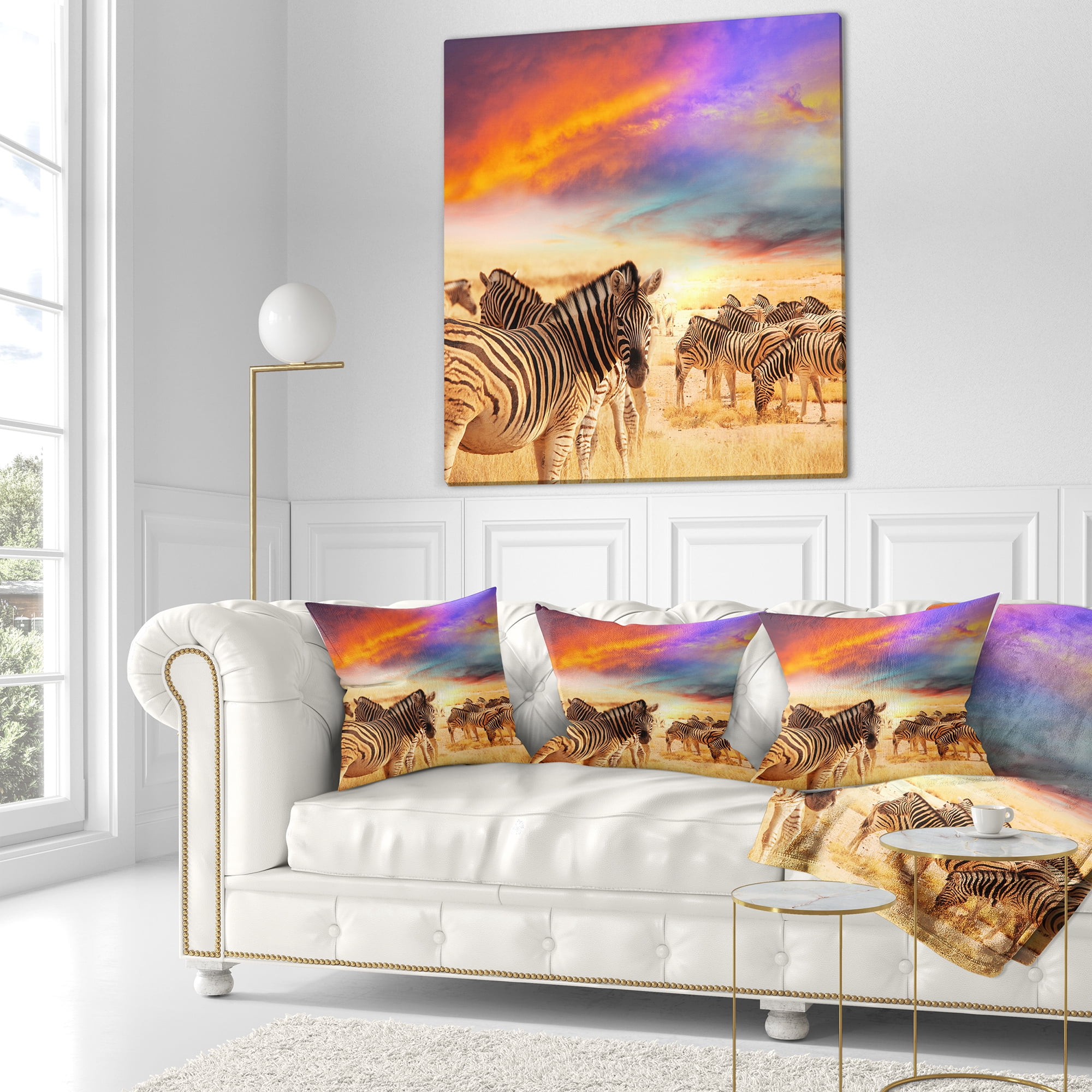 Designart Zebra Herd under Colorful Sunset Sky - Animal Throw Pillow - 16x16