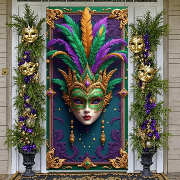Ornate Mardi Gras Banner Feathered Masquerade Display Purple Green Color Intricate Pattern Carnival Background for Mardi Gras Party Masquerade Ball Carnival Celebration