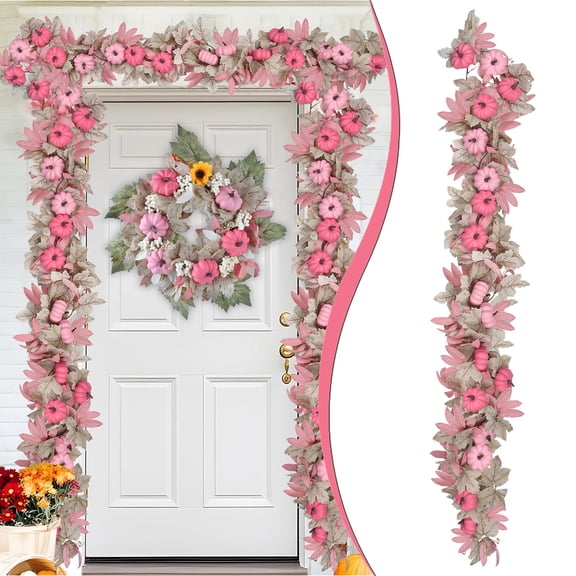 5.7FT Pumpkin Autumn Garland Wreath, Artificial Maple Leaf Fall Decor With Pumpkins For Fireplace Mantel Table Centerpiece, Thanksgiving Halloween Decoration For Home Porch Door Outdoor Indoor, Pink