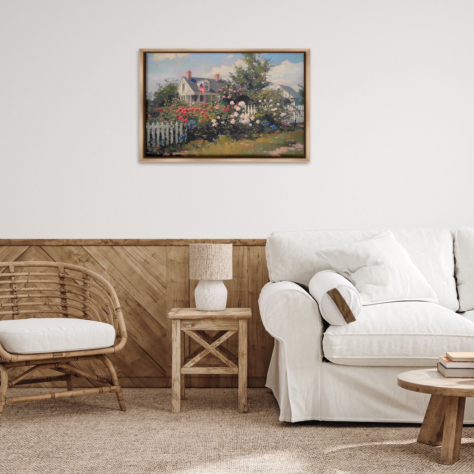 Stupell Industries Patriotic Cottage Garden Landscape & Nature Painting Brown Floater Framed Canvas Art Print Wall Art, 31 x 21