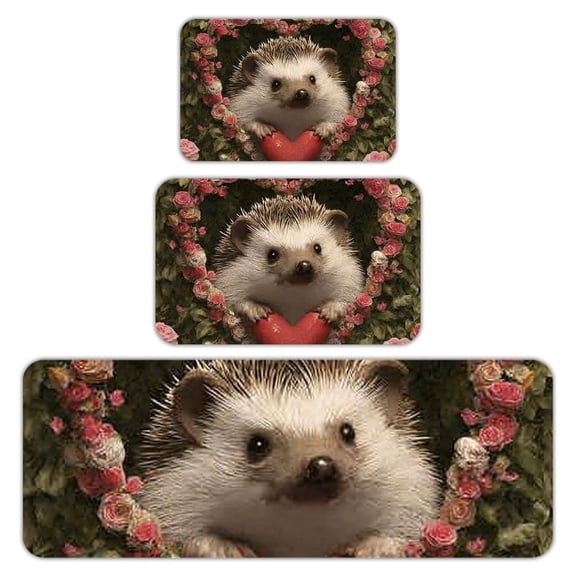 RKSupls Kitchen Rug Set 3 Piece Anti-Slip Flannel Floor Mats, Hedgehog Heart Roses Washable Absorbent Runner Mats for Kitchen Bathroom Home Decor