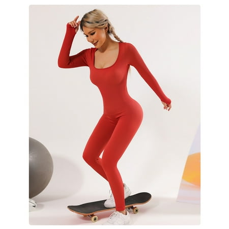 

Women Yoga Jumpsuits Workout Ribbed Long Sleeve Sport Jumpsuits Square Neck Bodysuit Workout Rompers Exercise Jumpsuits One Piece Romper Workout Playsuit