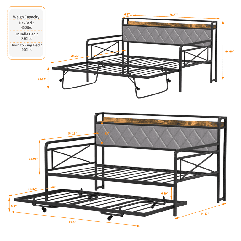 Zimtown Twin Upholstered Daybed with Trundle, Charging Station, LED photo 3