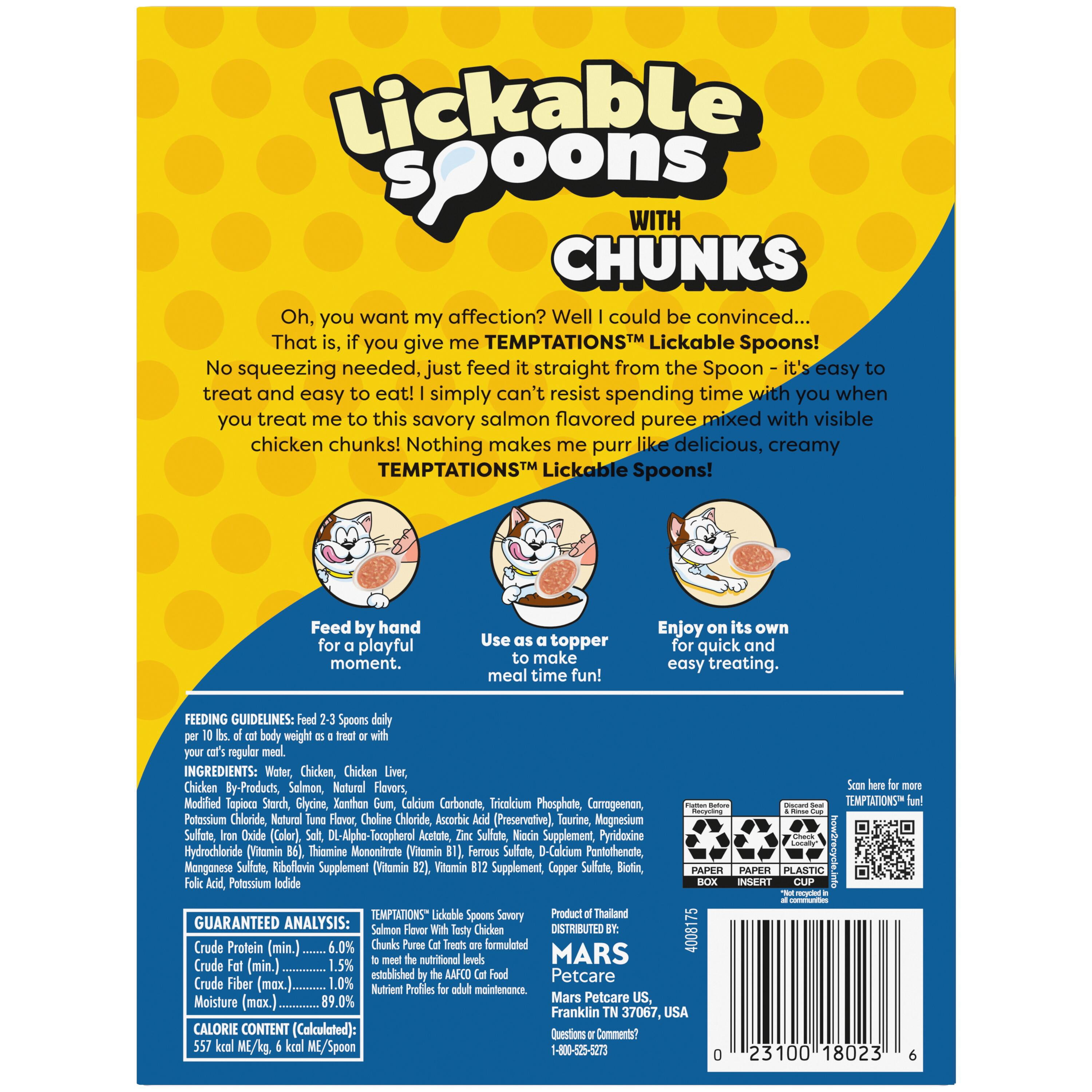 TEMPTATIONS Lickable Spoons with Meaty Inclusions Savory Salmon with Tasty Chicken Chunks 8ct
