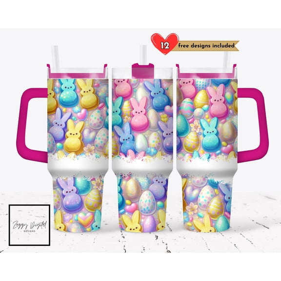 Star Mug Sparklecore Easter Peeps 40 Oz Tumbler Wrap , Glitter Peeps & Eggs Tumbler Design , Tumbler With Handle Wrap - 40Oz To-Go Coffee Mug