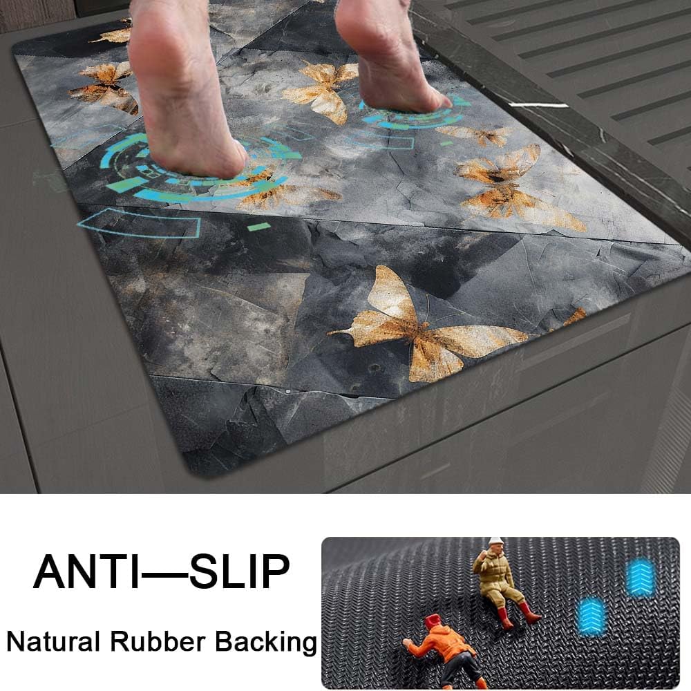Bath Mat Rug,Black gray marble, golden butterfly Non Slip Quick Dry Super Absorbent Thin Bathroom Rugs Fit Under Door-Easy to clean Bathroom Floor Mats-Shower Rug for Shower Sink Bathtub(16" x 24"In)