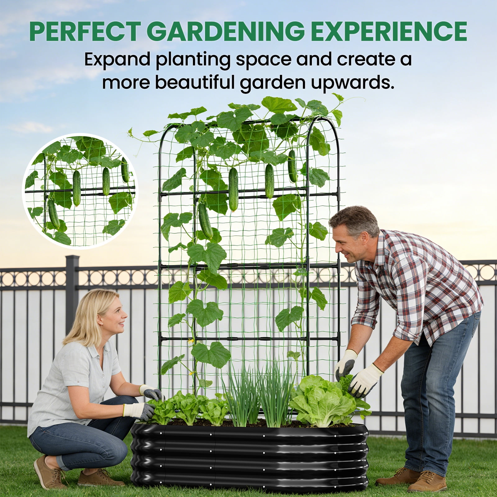MOPHOTO 71inch Raised Garden Bed Arched Trellis Galvanized Planter Backyard Box Outdoor for Gardening,Climbing Vegetables,Plants,Flowers(Black)