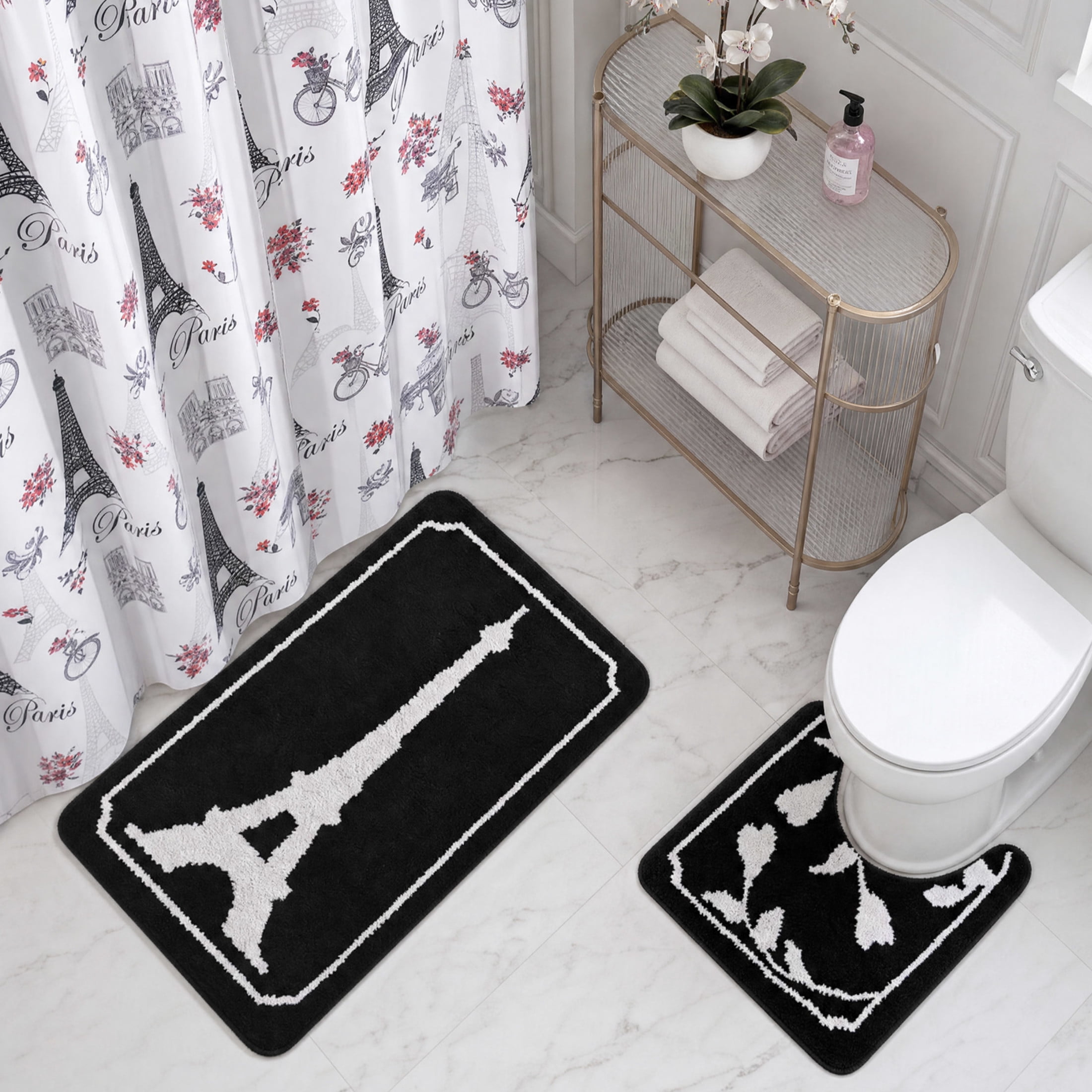 CHI Paris Love Shower Curtain with Hooks and Rugs Modern Washable 72" W x 72" L 15-Piece Set