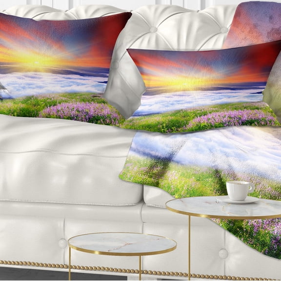 Designart Sunrise with Blooming Flowers - Landscape Printed Throw Pillow - 12x20