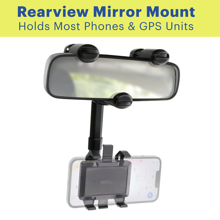 onn. 360 Degree Rearview Mirror Mobile Plastic Black Phone Mount, Universal  Multifunctional Design 