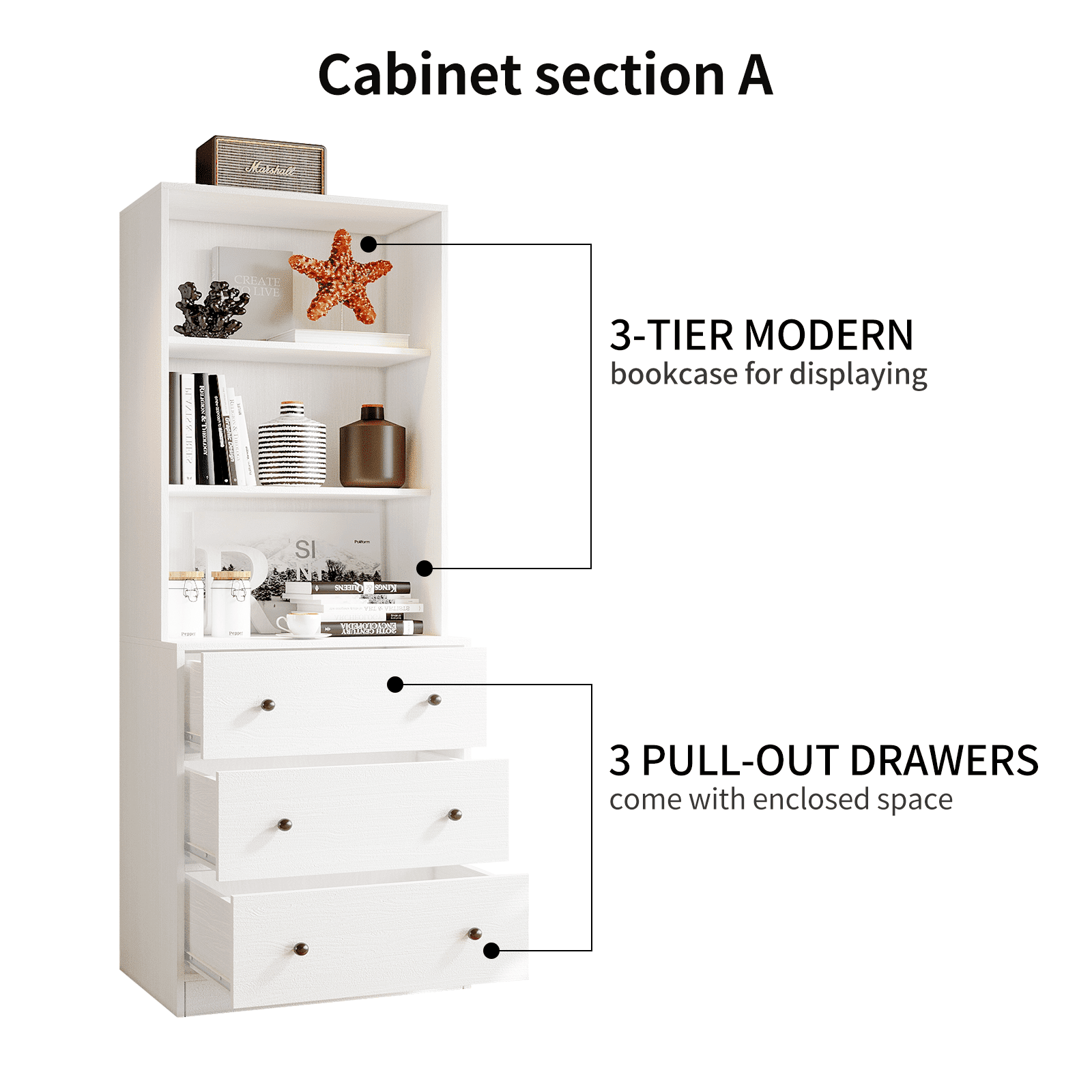 RichYa 3Pcs Vertical File Cabinet, 3-Tier Modern Bookshelf with 3 Large Drawers, Wood Filing Cabinet with Open Storage Shelf, Glass Doors for Home Office, White