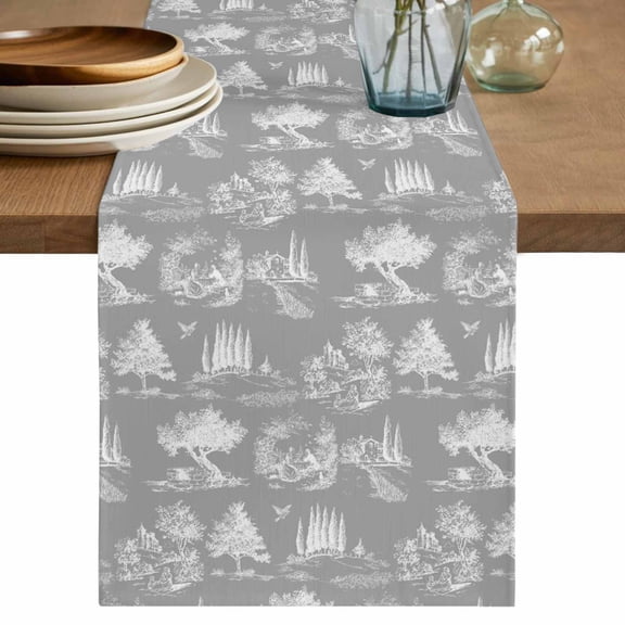 Farmhouse Country Table Runner 72 Inches, Grey Vintage Trees Rustic French Garden Bed Runner Dresser Scarves Tabletop for Indoor Outdoor Parties/Ceremony/Banquet, 13" x 72"