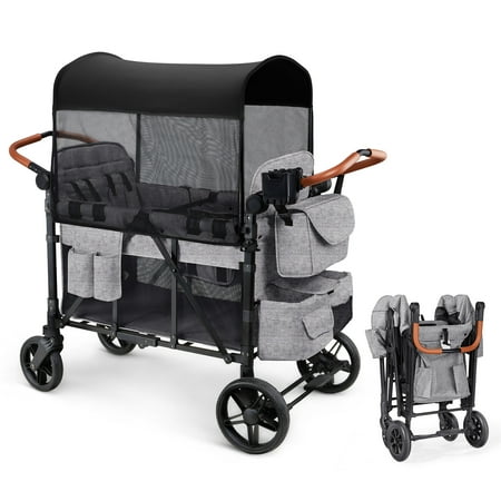 Matladin Wagon Stroller for 4 Seats, All-Terrain Wagon for Toddler with Canopy, Adjustable Handlebar, 5 Point Harness, Phone Holder, Shoulder Bag, Gray