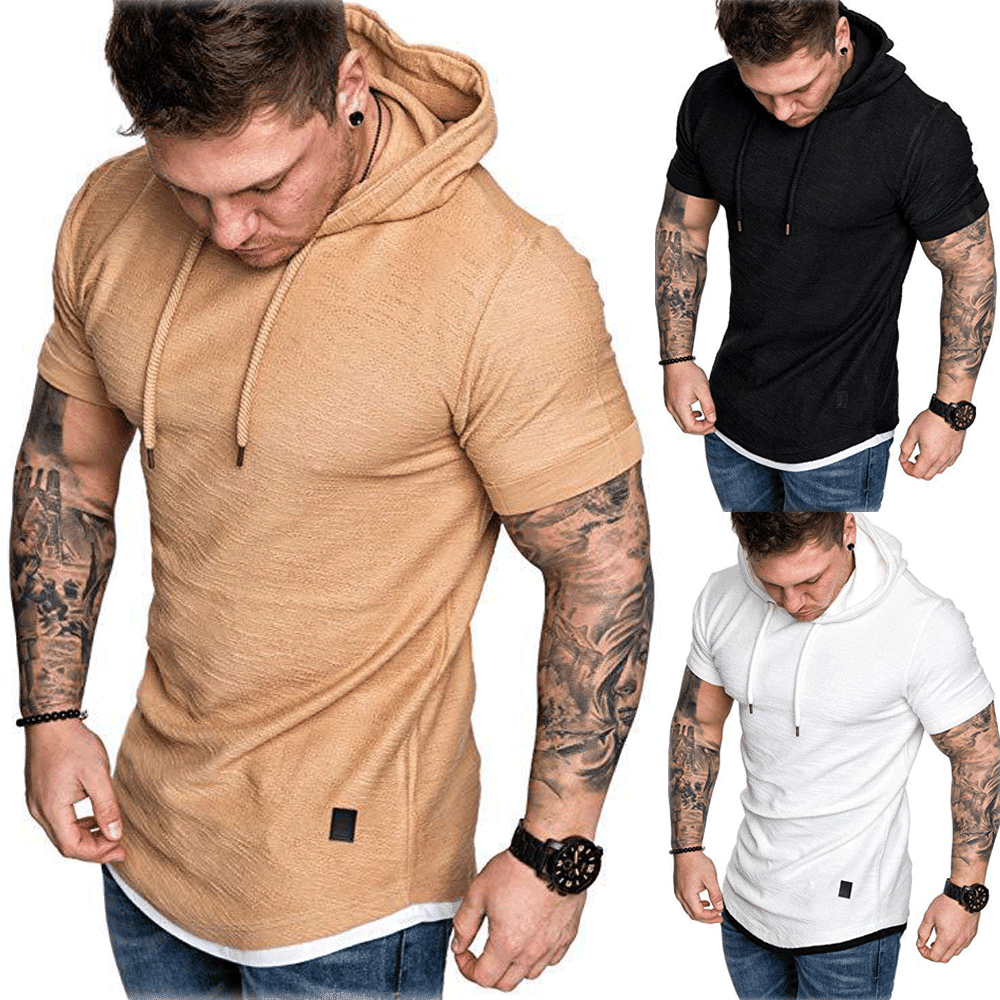 Fashion Men Short Sleeve Tee Casual Hooded Hoodie Summer T-Shirt Top M-2XL