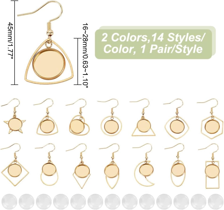 28 Pairs Stainless Steel Earring Blank Settings 14 Styles Stainless Steel Dangle Earring Making Kit with Glass Cabochons 45mm Blanks Pendant with Clear Dome for Jewelry DIY Making