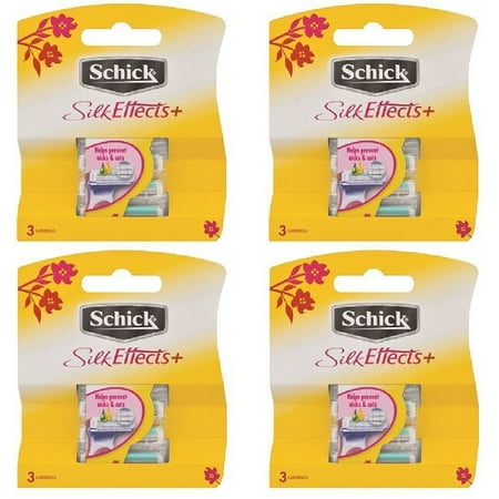 Schick Silk Effects+ Plus Refill Cartridges, 3 Count (Pack of 4) + Makeup Blender Stick, 12 Pcs