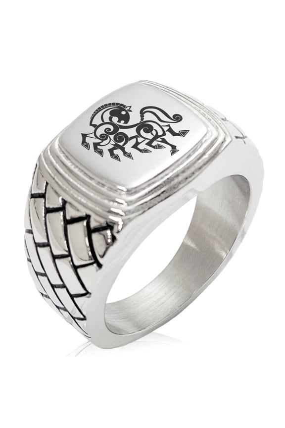 Stainless Steel Odin's Sleipnir Horse Viking Norse Geometric Pattern Step-Down Biker Style Polished Ring