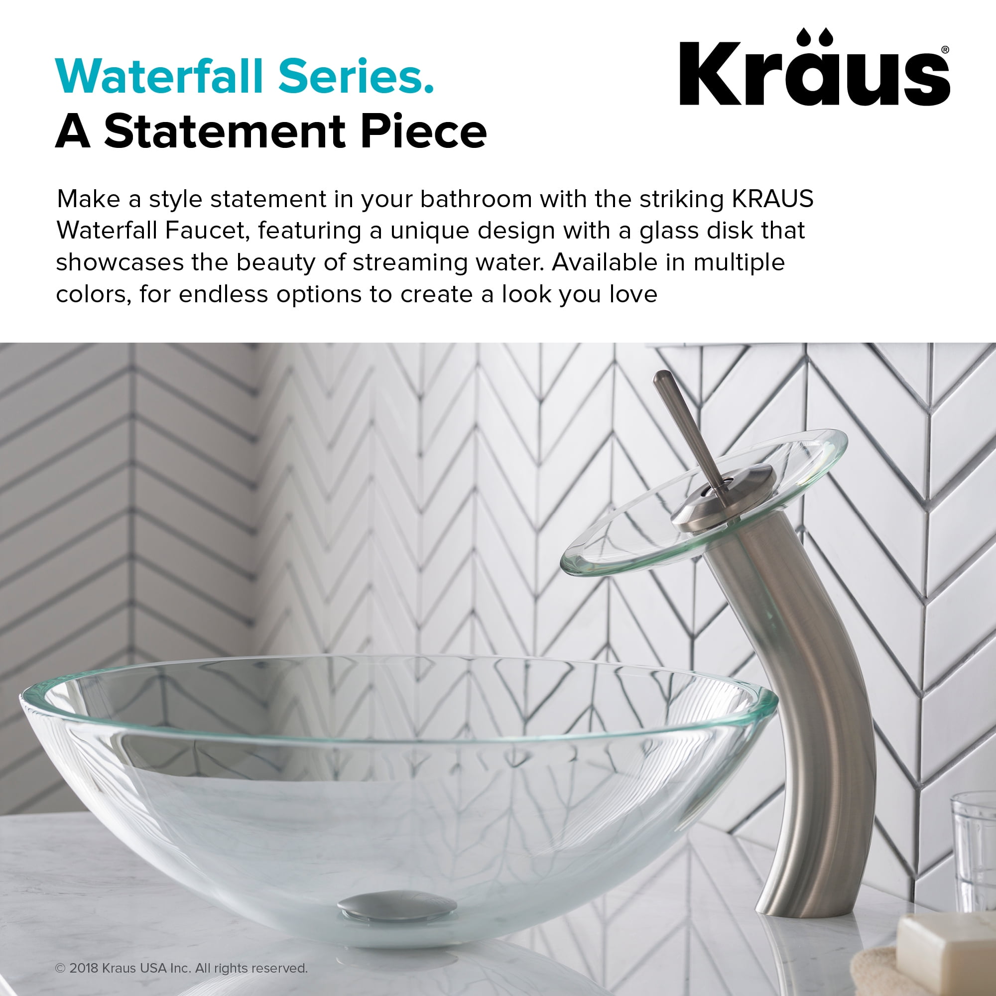 KRAUS Tall Waterfall Bathroom Faucet for Vessel Sink with Clear Glass Disk, Satin Nickel Finish