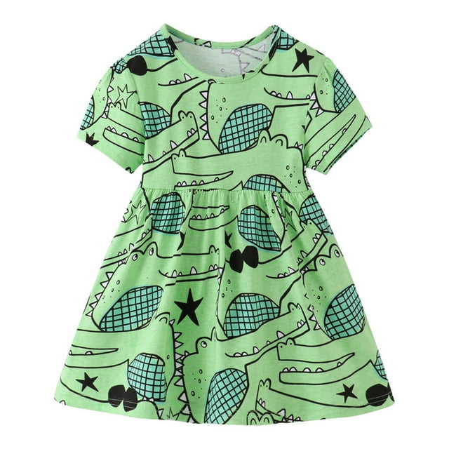 PMVFHDE Robes pour Fille 2025 Été Décontracté Motif Dessin Animé Manches Courtes Robes Enfants pour Robe Décontractée 2 à 7 Ans, Vert, 6 Ans