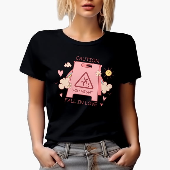 Caution You Might Fall in Love, Funny Warning Sign, Retro Valentine's Day Gift, Black T-Shirt, Small
