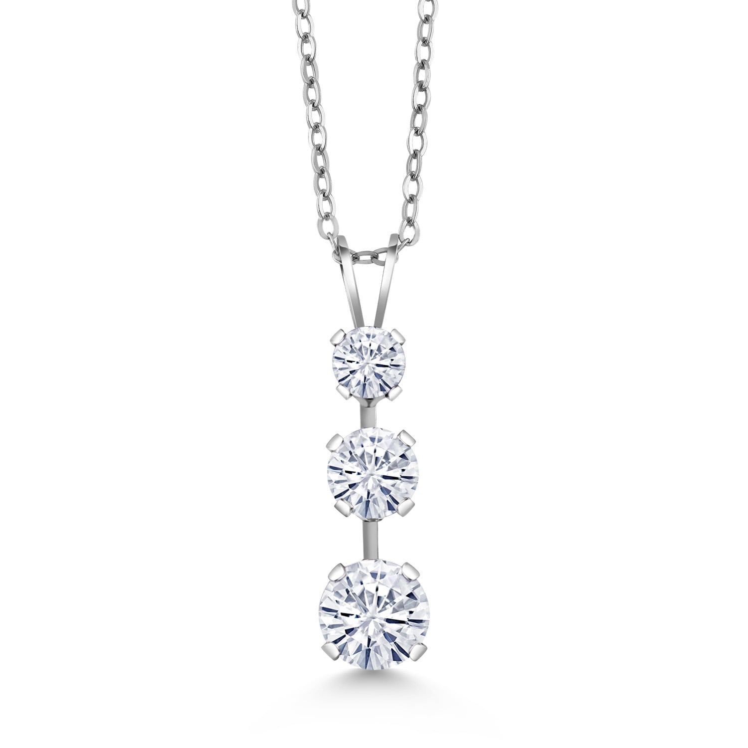 Gem Stone King 925 Sterling Silver White Moissanite 3 Stone Pendant Necklace for Women (1.53 Cttw, Gemstone Birthstone, Round 6MM, 5MM and 4MM, with 18 inch Chain)
