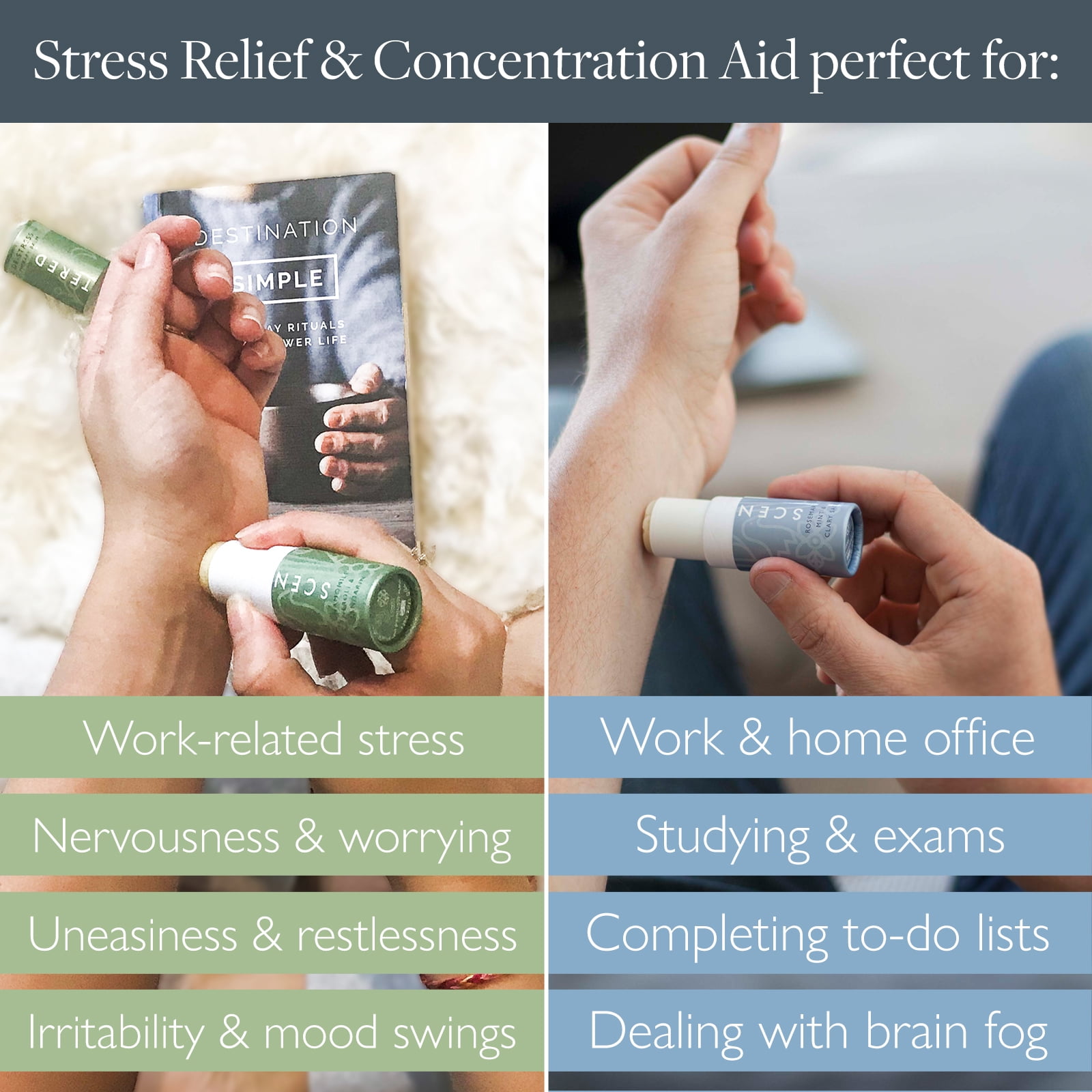 Scentered DE-STRESS & FOCUS Aromatherapy Essential Oils Balm Gift Set - For Relaxation & Alertness - All-Natural Blends of Rosemary, Cedarwood, Sage, Peppermint