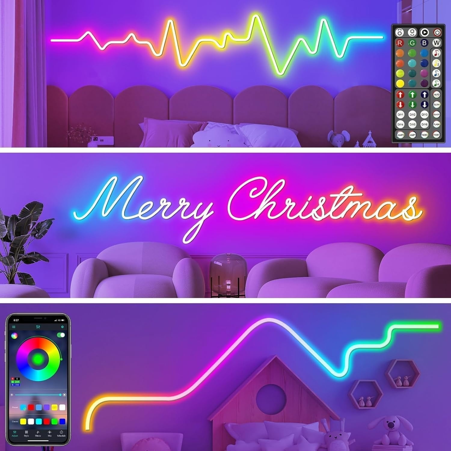 16Ft/ 33Ft / 49Ft  LED Neon Rope Lights, Music Sync Waterproof IP65 Outdoor/Indoor RGB Strip Lights Christmas Xmas Decoration Lights