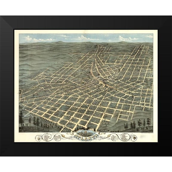 Vintage Maps 14x12 Black Modern Framed Museum Art Print Titled - Atlanta-Georgia 1871