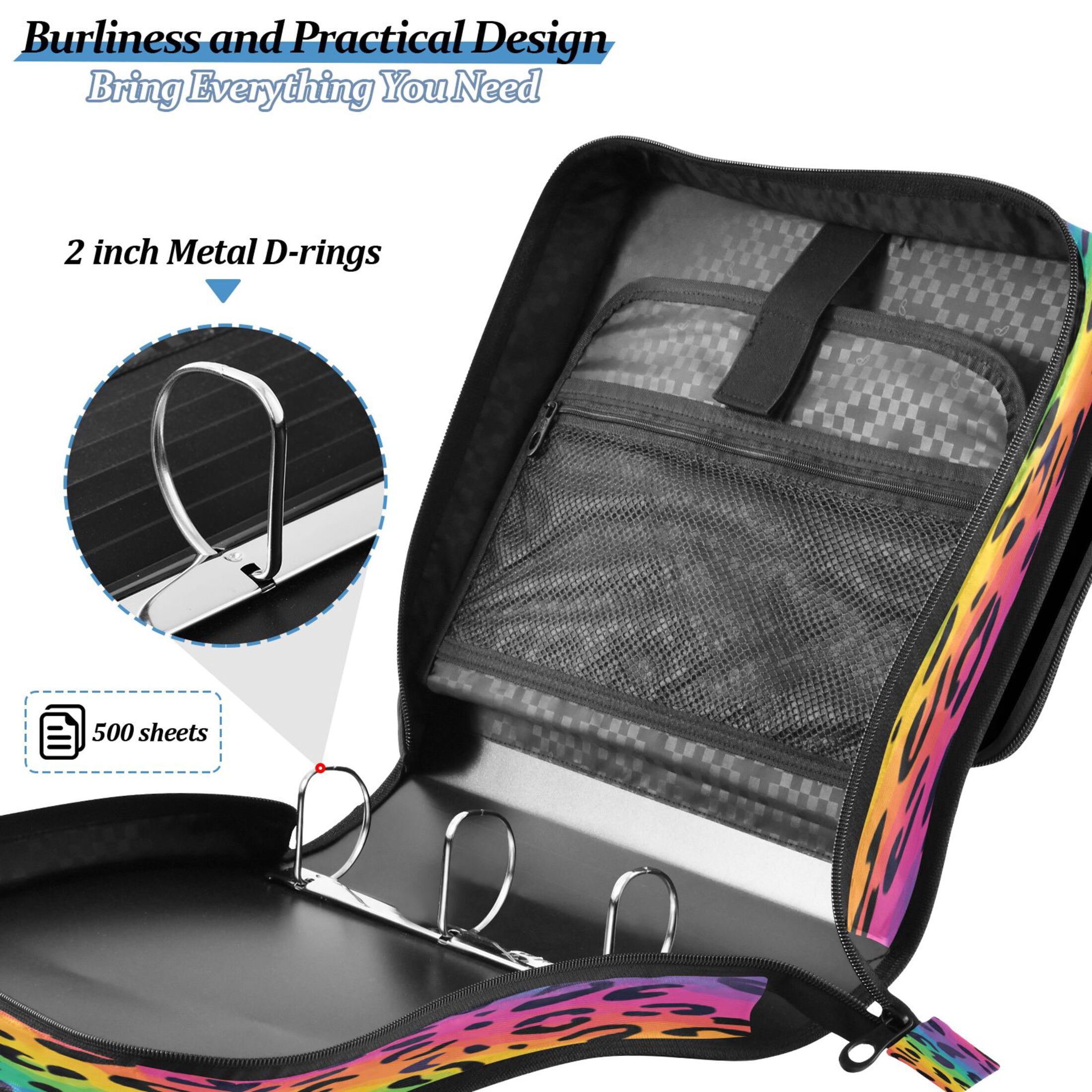 3 Ring Zipper Binder Stationery Organizer for Study Work Home Travel, All-Purpose File Folder Storage Bag for Daily Document Organization Bright Rainbow Stripe Cheetah Print