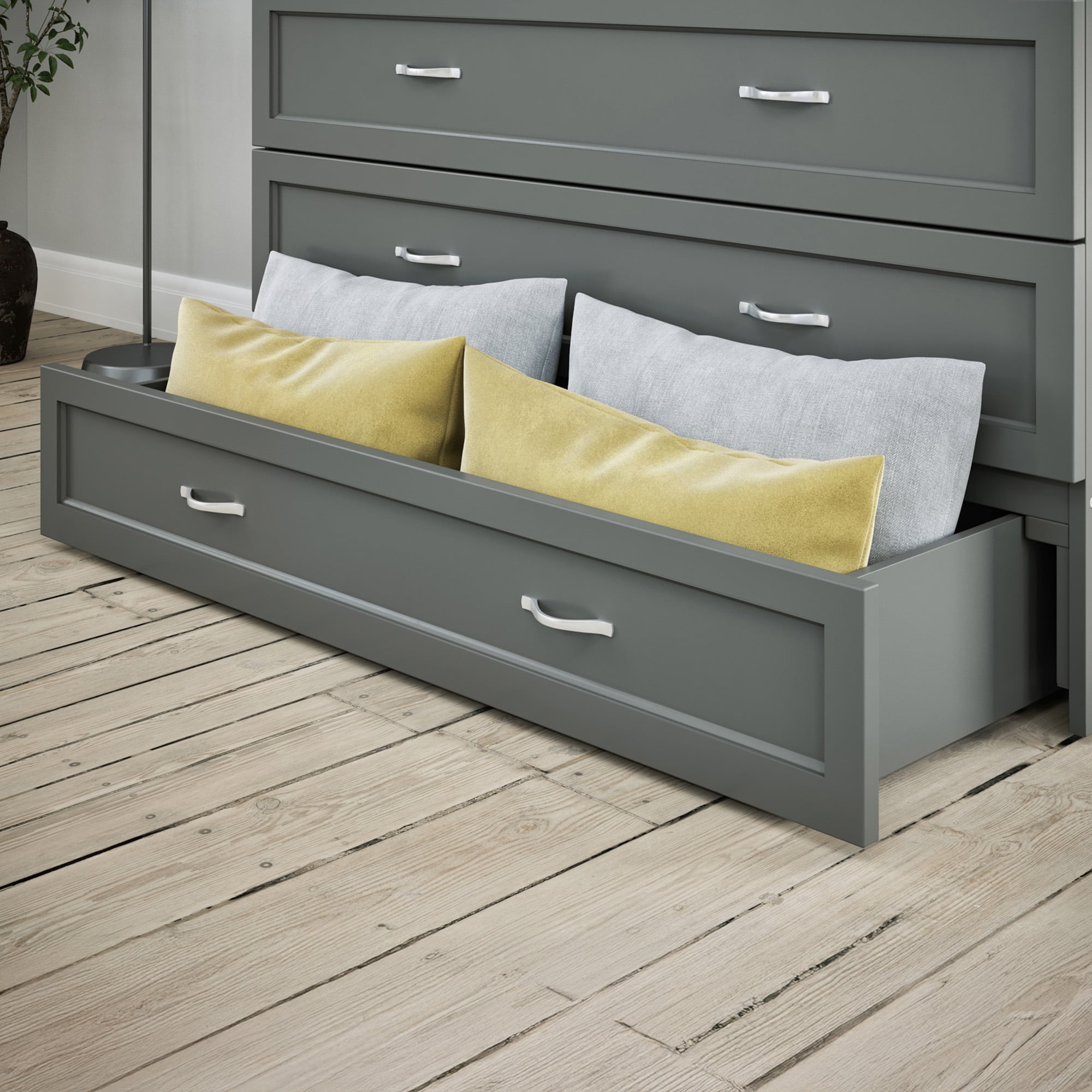 AFI Deerfield Full Solid Wood Murphy Bed Chest with Mattress, Drawer & Charger in Gray