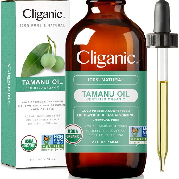 Cliganic Huile de Tamanu Biologique USDA, 100 % Pure - pour Visage, Cheveux et Peau Pressée à Froid Naturelle Sans Hexane