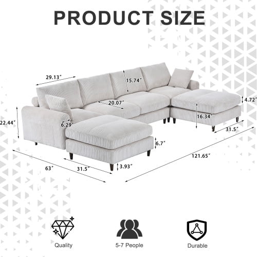 BSHTI Modern 6-Seat Corduroy Modular Sectional, U-Shape Convertible Couch with Ottoman, with Adjustable Head Pillows and Storage Pockets, Beige