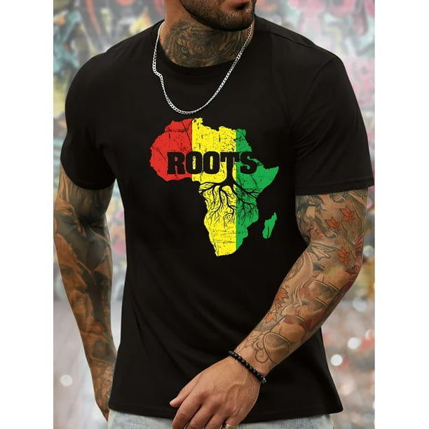Short Sleeve, Breathable African Map Print Men's Round Crew Neck Tee, Simple Style Regular Fit T-Shirt for Spring Summer Holiday Leisure Vacation, Casual Comfy Men's Clothing As Gift, Summer Gifts