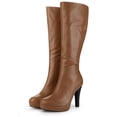 thumbnail image 6 of BLISSFUL STEP Women's Knee High Boots Platform Block Heels Round Toe Zip Boots Brown 10, 6 of 8