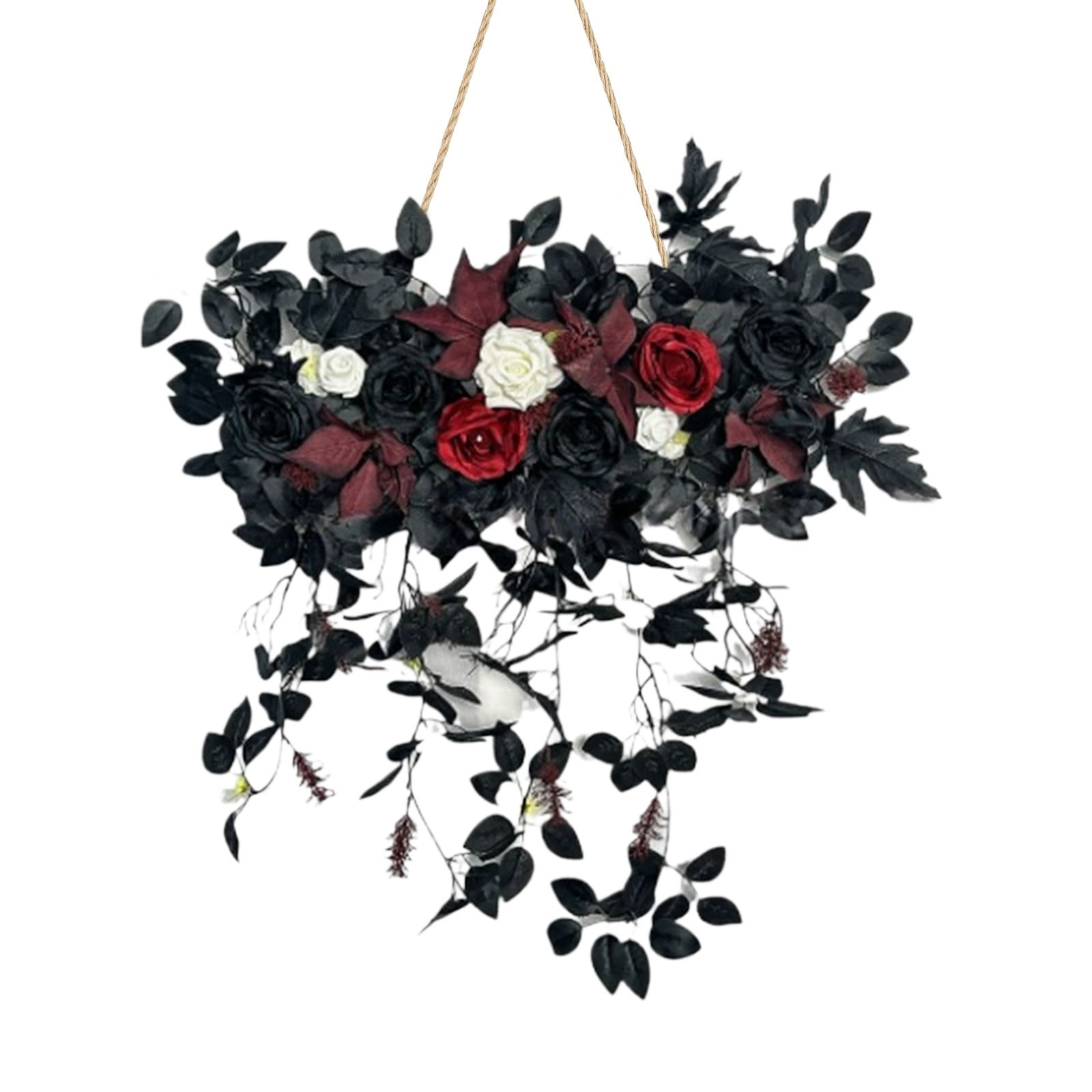 Artificial Hanging Floral Swag, Fake Rose Wall Hanging, UV Resistant Faux Floral Bouquet with Lush Foliage, Hanging Wall Decor for Spring Garden Wedding Home Office Kitchen Table Vase, Black